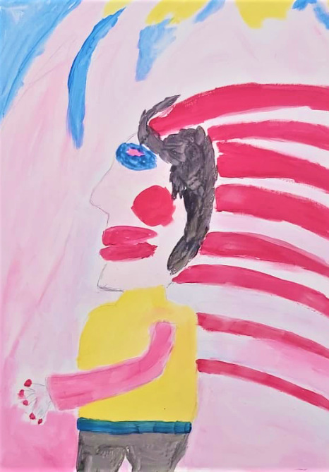 Fotografia 6 przedstawia obraz pt. „Brochowski Szaman” namalowany przez jednego z klientów podczas zajęć arteterapeutycznych. Obraz ukazuje postać w różowym pióropuszu