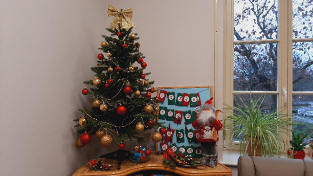 Zdjęcie   Przedstawia Świąteczną choinkę  przyozdobioną  przez klientów DDP 