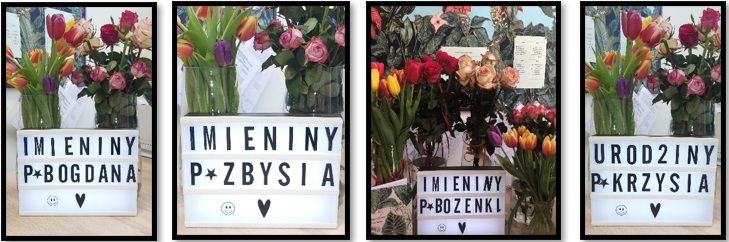 Fotografie przedstawiają podświetlaną tablicę z napisami, od lewej „ Imieniny p. Bogdana”, „Imieniny P. Z bysia”, „ Imieniny P. Bożenki”, „Imieniny P. Krzysia”. Za tablicą na każdym ze zdjęć znajdują się wazony z różnokolorowymi kwiatami