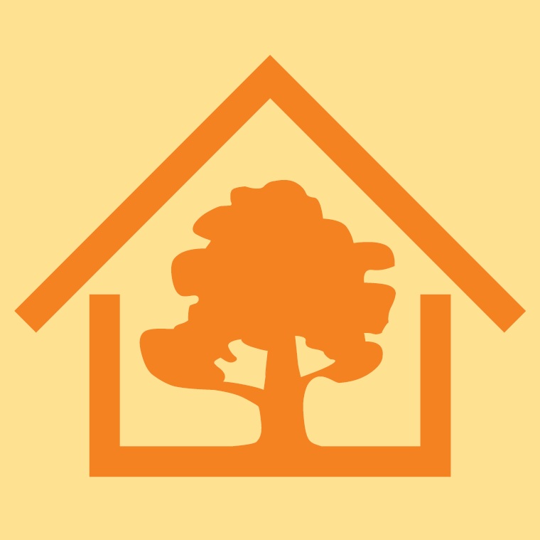 Logotyp Miejskiego Centrum Usług Socjalnych, pomarańczowy obrys budynku z wpisanym w jego wnętrze wizerunkiem drzewa, całość na żółtym tle